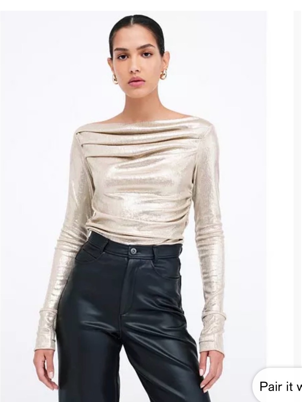 Marcella Metallic Gold Long-Sleeve Draped Boatneck Top-size medium